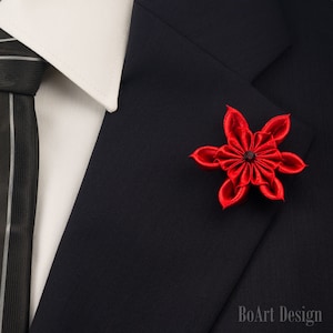 Lapel Pin/Red Kanzashi Flower Lapel Pin/Swarovski Siam Crystal/Lapel Flower/Mens Lapel Flower/Wedding Accessories/Holiday Pin/Christmas pin