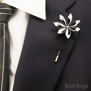 Black/White Kanzashi Flower Lapel Pin with Swarovski Silver Night Crystal/Lapel Pin/Lapel Flower/Men Lapel Flower/Wedding Accessories/Brooch