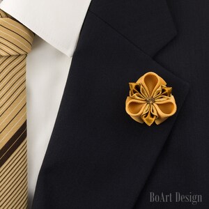 Gold/Dark Goldenrod/Luxe Kanzashi Flower Lapel Pin/ Swarovski Light Smoked Topaz Crystal/Lapel Pin/Lapel Flower/Mens Lapel Flower