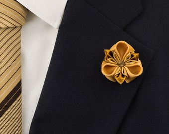 Gold/Dark Goldenrod/Luxe Kanzashi Flower Lapel Pin/ Swarovski Light Smoked Topaz Crystal/Lapel Pin/Lapel Flower/Mens Lapel Flower