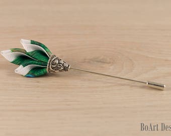Green and White Kanzashi Flower Lapel Stick Pin/ Scepter Lapel Pin/Lapel Flower/Mens Lapel Flower/Wedding Accessories