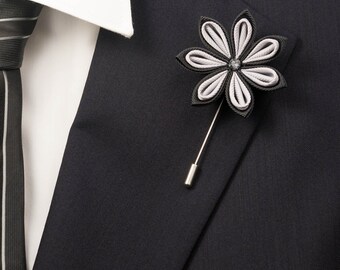 Black/Gray Kanzashi Flower Lapel Pin with Swarovski Silver Night Crystal/Lapel Pin/Lapel Flower/Mens Lapel Flower/Wedding Accessories/Brooch