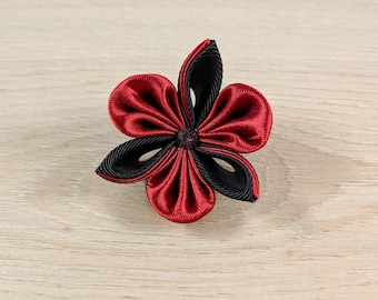 Red&Black Kanzashi Flower Lapel Pin / Swarovski Silver Night Crystal/Lapel Pin/Lapel Flower/Mens Lapel Flower/Wedding Accessories/Brooch