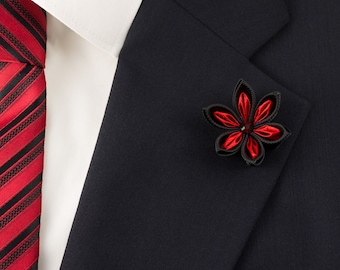 Black/Red Kanzashi Flower Lapel Pin with Swarovski Siam Crystal/Lapel Pin/Lapel Flower/Mens Lapel Flower/Wedding  Accessories/Brooch