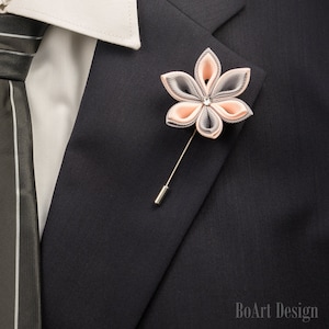 Lapel Pin/Light Pink&Gray/Kanzashi Flower Lapel Pin/Swarovski Crystal/Lapel Flower/Mens Lapel Flower/Wedding Accessories/Brooch