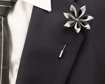 Black/Gray Kanzashi Flower Lapel Pin with Swarovski Silver Night Crystal/Lapel Pin/Lapel Flower/Mens Lapel Flower/Wedding Accessories/Brooch