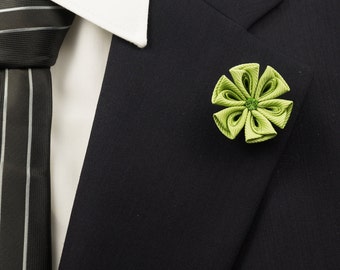 Army Green Kanzashi Flower Lapel Pin with Swarovski Peridot Crystal/Lapel Pin/Lapel Flower/Mens Lapel Flower/Wedding  Accessories/Brooch