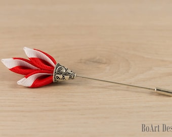 Red and White Kanzashi Flower Lapel Stick Pin/ Scepter Lapel Pin/Lapel Flower/Mens Lapel Flower/Wedding Accessories