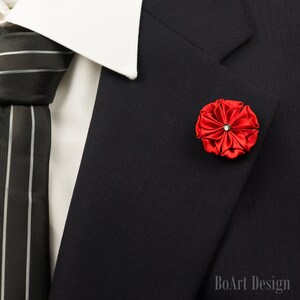 Red Kanzashi Flower Lapel Pin with Swarovski Silver Night Crystal/Lapel Pin/Lapel Flower/Mens Lapel Flower/Wedding  Accessories/Brooch