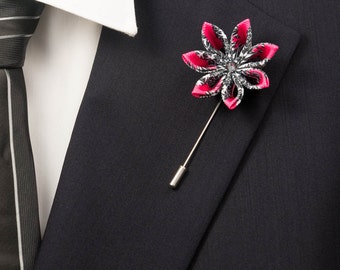 Black/Deep Pink/White Kanzashi Flower Lapel Stick Pin with Swarovski Crystal/Lapel Pin/Lapel Flower/Mens Lapel Flower/Wedding Accessories