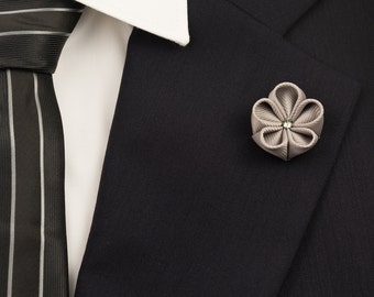 Mini Grey Kanzashi Flower Lapel Pin with Swarovski Silver Night Crystal/Lapel Pin/Lapel Flower/Mens Lapel Flower/Wedding  Accessories/Brooch