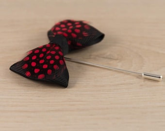 Feather Lapel Pin/Pheasant Inspired Lapel Pin/ Black/Red Bowtie Lapel Pin/Lapel Pin/Lapel Flower/Mens Lapel Flower/Wedding Accessories