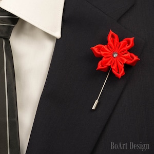 Red Kanzashi Lapel Stick Pin with Swarovski Silver Night Crysta/Lapel Flower/Men Lapel Flower/Wedding Accessories/Brooch