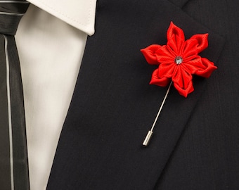 Red Kanzashi Lapel Stick Pin with Swarovski Silver Night Crysta/Lapel Flower/Men Lapel Flower/Wedding Accessories/Brooch