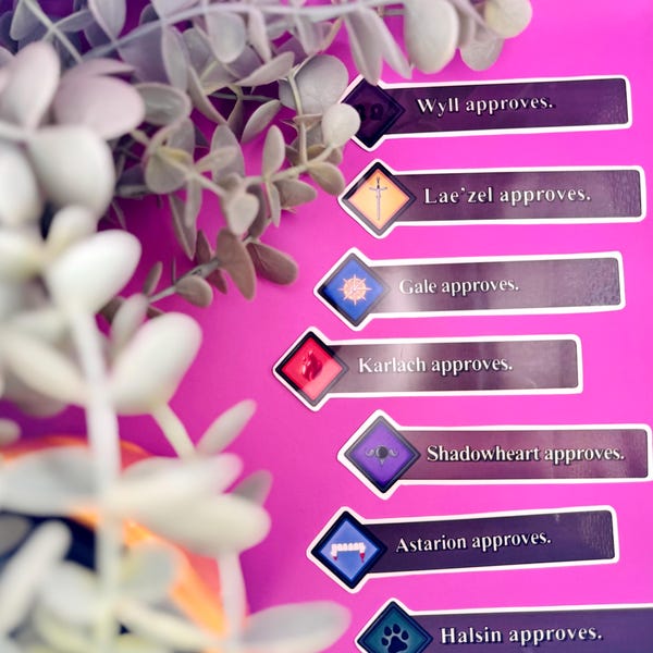 バルダーズ・ゲート3 承認ステッカー：アスタリオン、ゲイル、カルラッハ、シャドウハート、ラエゼル、ウィル、ハルシン