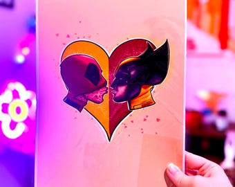Impresión A5/A4 de beso de superhéroe / Arte geek / Arte mural / Dibujo digital