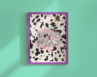 101匹わんちゃん 斑点のある犬と子犬の家族の肖像画イラストプリント