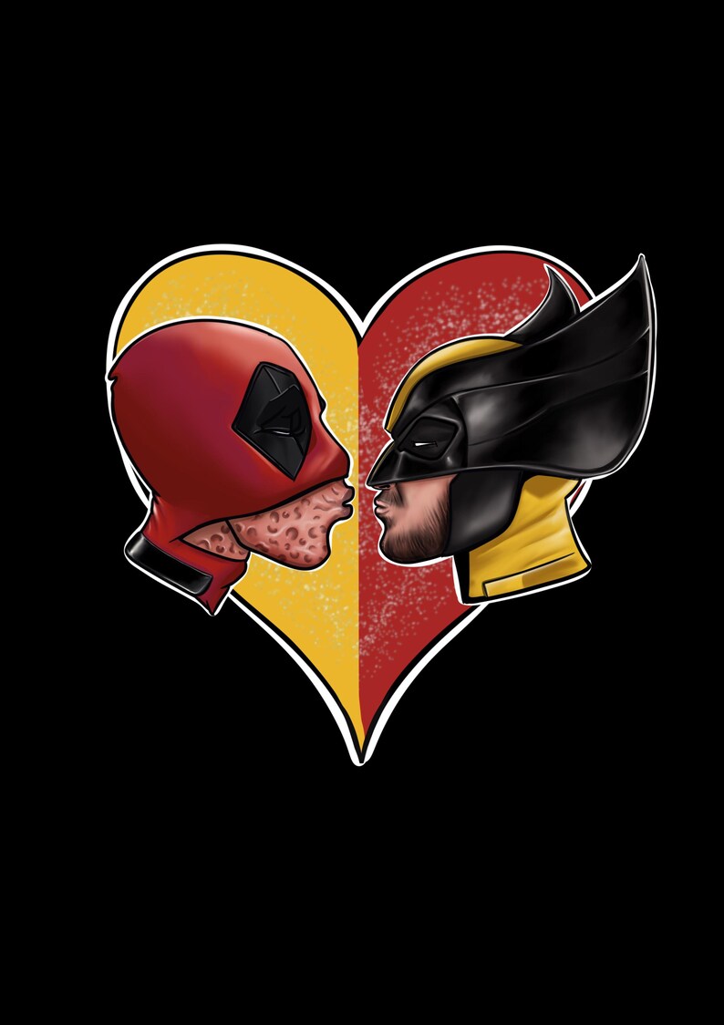 Puede incluir: Un superh&eacute;roe rojo y negro con m&aacute;scara besa a un superh&eacute;roe amarillo y negro con m&aacute;scara. Ambos est&aacute;n dentro de un coraz&oacute;n rojo y amarillo.