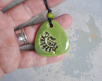 Green pendant, wood block necklace, ceramic pendant