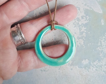 Circle pendant, turquoise moon, ceramic pendant