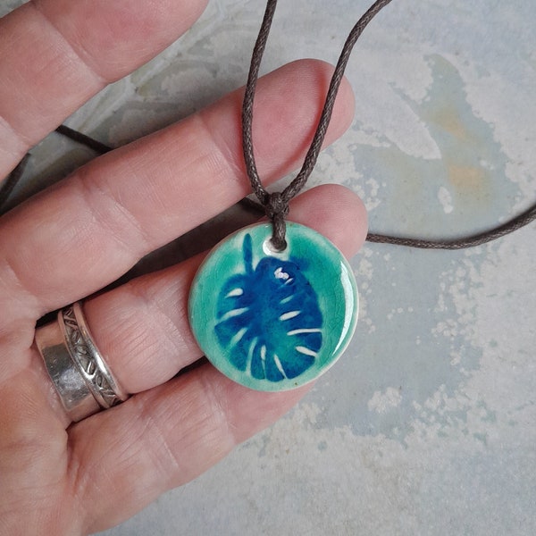 Blue turquoise pendant, monstera leaf necklace, ceramic pendant