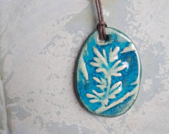 Blue turquoise pendant, leafy necklace, ceramic pendant