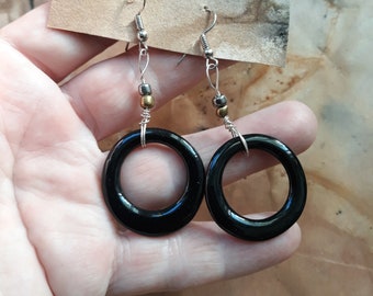 Ceramic earrings, Cute earrings, Black earrings, circle earrings, Pottery earrings. boho jewellery