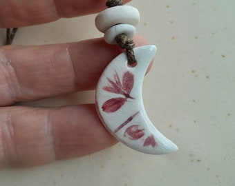 moon necklace, ceramic moon, pink flower moon,  clay pendant