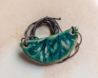 Green Glazed Ceramic Pendant: Geranium Print Clay Diffuser Necklace