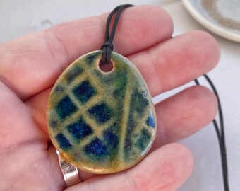 Diffuser pendant, green pendant, geometric pendant, old pottery jewellery