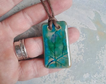 Green pendant, forest necklace, ceramic pendant