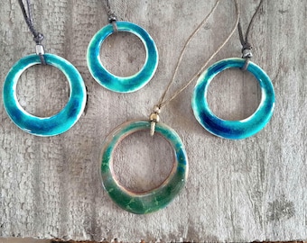 Turquoise and green Circle Moon ceramic Pendants