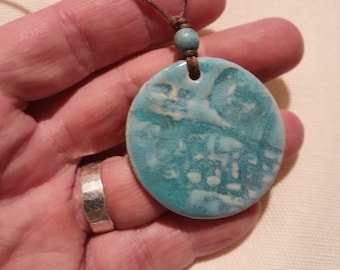 Blue Pottery Necklace: Ceramic Diffuser Pendant, Boho Jewelry