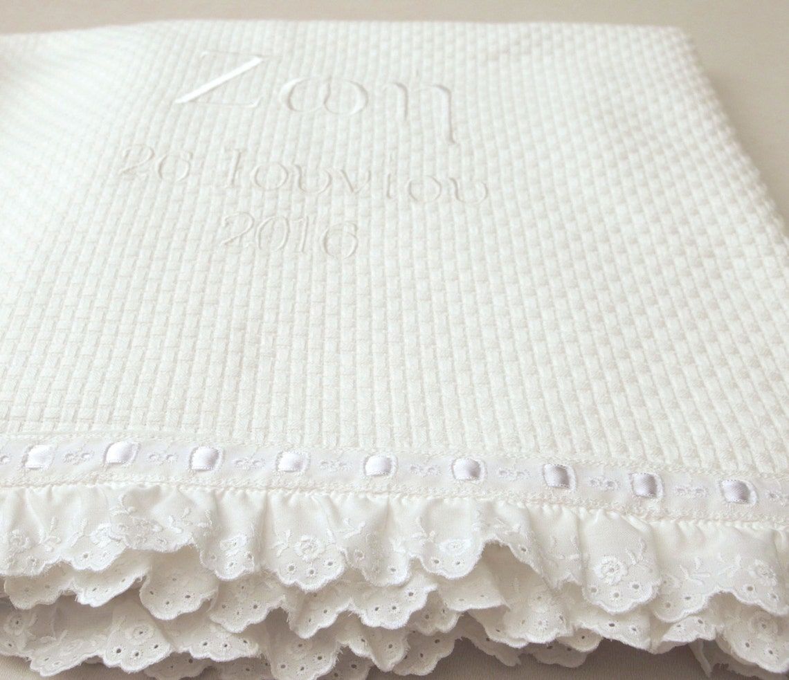 Baptism Baby Blanket White Cotton Lace Embroidered Eyelet Etsy