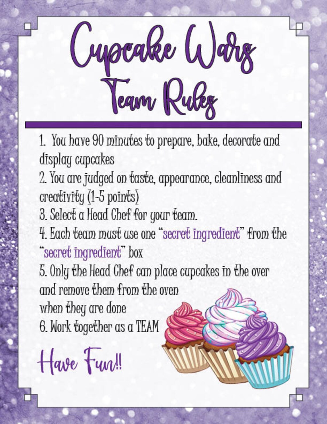 Cupcake Wars Team Rules INSTANT DOWNLOAD Party Birthday Etsy
