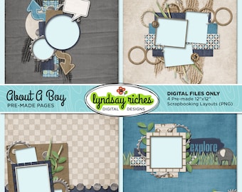 May include: Four digital scrapbooking layouts in blue, brown, and beige with a grunge and vintage aesthetic. Each layout features a different design with a variety of shapes, textures, and elements, including gears, arrows, and a small elephant. The layouts are designed for 12x12 inch scrapbook pages.