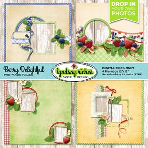 Può includere: Quattro layout digitali di scrapbooking prefabbricati da 30,48 cm x 30,48 cm con abbellimenti di bacche e fiori. Ogni layout presenta una cornice in legno, bacche ed elementi decorativi. I layout sono nelle tonalità di blu, verde e giallo.