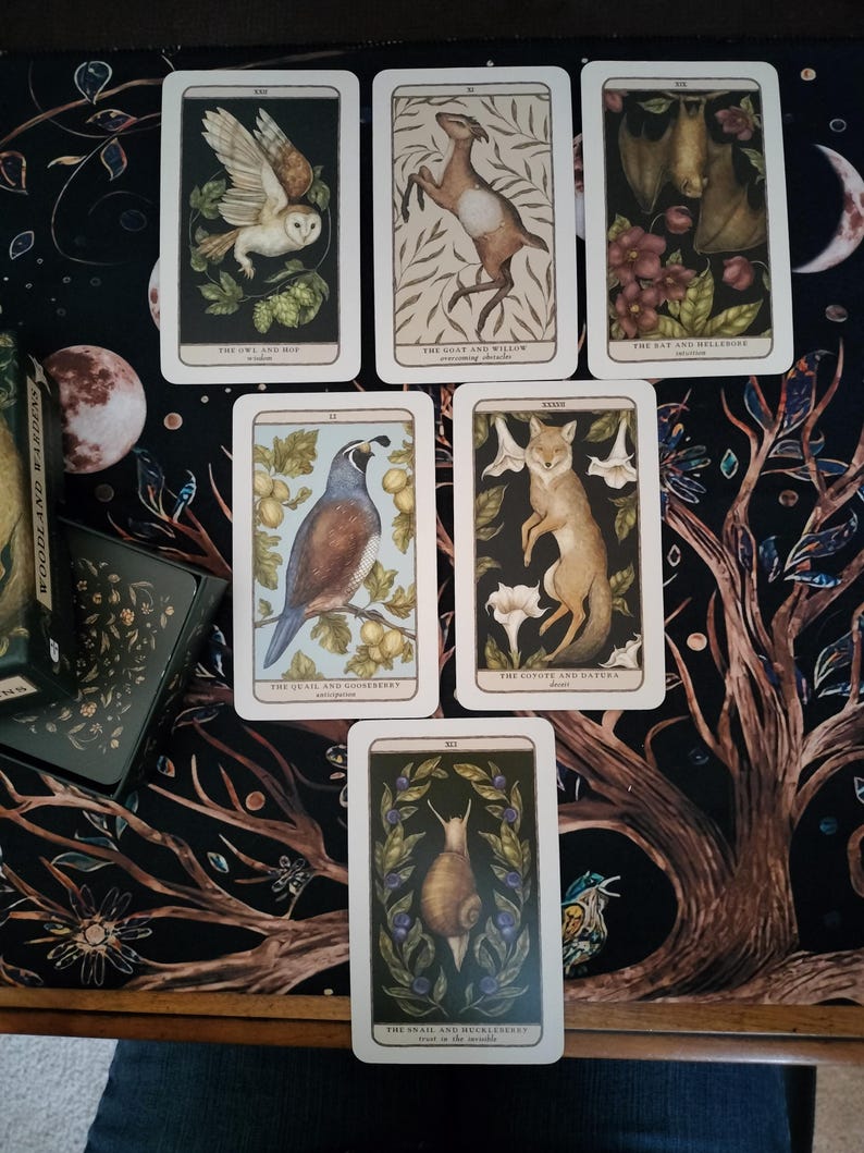 May include: A set of ten tarot cards featuring illustrations of animals and plants. The cards are arranged in a grid pattern on a dark floral fabric background. The cards are titled "The Owl and Hop", "The Goat and Willow", "The Bat and Hellebore", "The Quail and Blackberry", "The Coyote and Datura", "The Snail and Huckleberry".