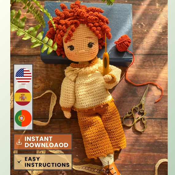 巻き毛の赤毛人形のデジタルパターン - ヴィンテージ衣装の編みぐるみ