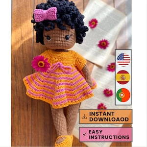 Crochet Doll Amigurumi Pattern Black Girl Curly Hair Striped Dress Beginner Experienced Gift Nursery Decor Diverse Doll Collector