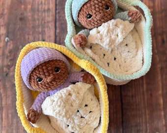 Set per neonato all'uncinetto, modello, bambola amigurumi con nido, cuscino e coperta