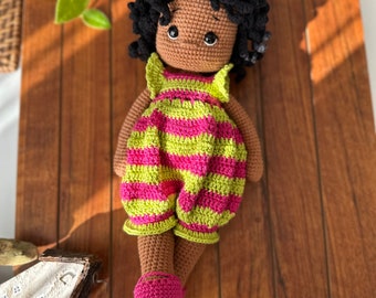Black Curly Girl Amigurumi doll pattern, English crochet pattern
