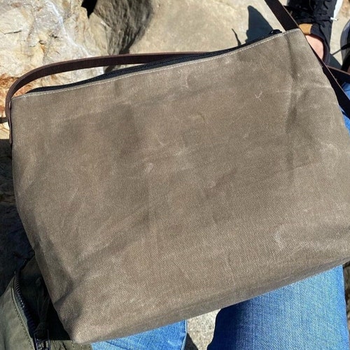 Small Brown Waxed Canvas Crossbody Bag With Round Leather Etsy