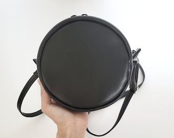 Tiny circle black vegan leather crossbody bag