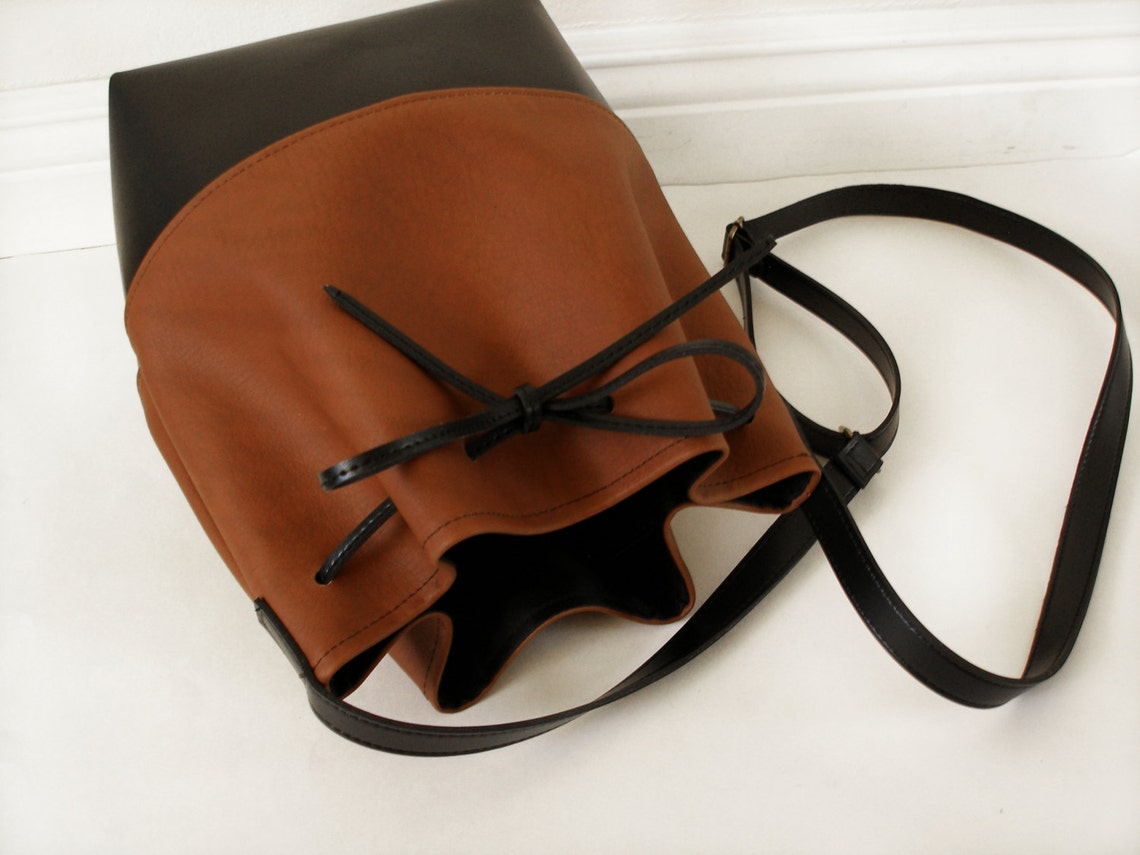 Brown and Black Vegan Leather Bucket Bag Etsy