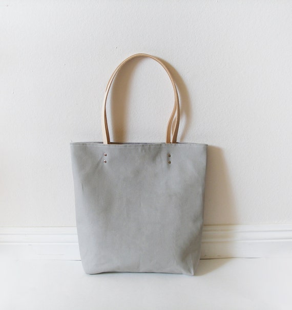 Gray Canvas Tote Bag With Vegetable Tanned Leather Shoulder | Etsy