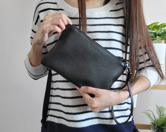 Small black cowhide leather wristlet clutch