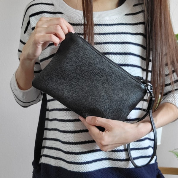 Small black cowhide leather wristlet clutch