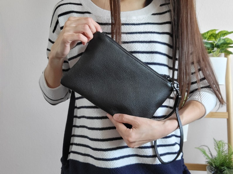 Small black cowhide leather wristlet clutch image 1