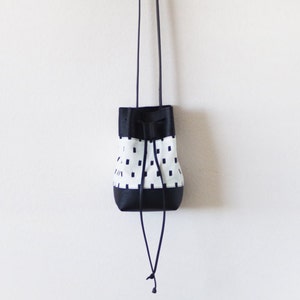 Mini vegan bucket bag with screen printed canvas and black leather image 3